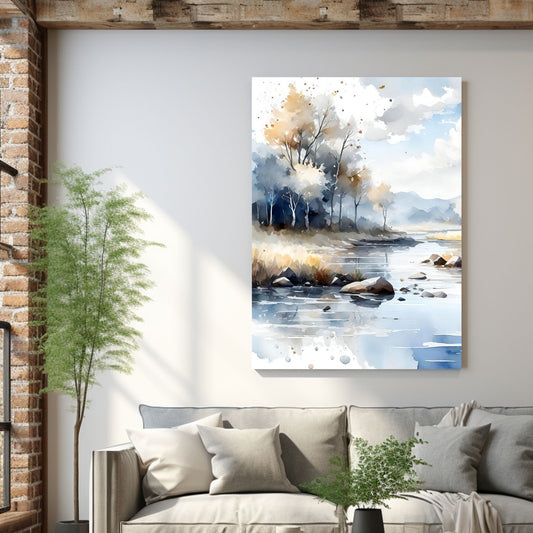 Digitalt kunstmaleri i akvarell som fanger essensen av en magisk høstdag, med et blendende landskap av skiftende løvverk, og en sakteflytende elv. Illustrasjonsfoto viser motivet på lerret som henger over en sofa.