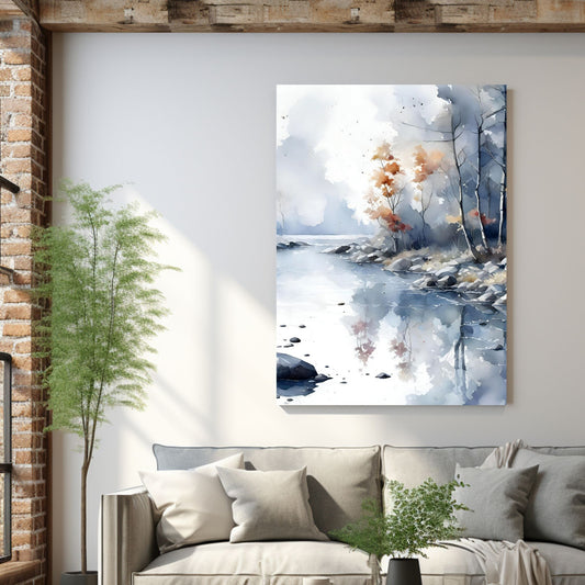 Digitalt kunstmaleri i akvarell som fanger essensen av en magisk høstdag, med et blendende landskap av skiftende løvverk, og en sakteflytende elv. Illustrasjonsfoto viser motivet på lerret som henger over en sofa.