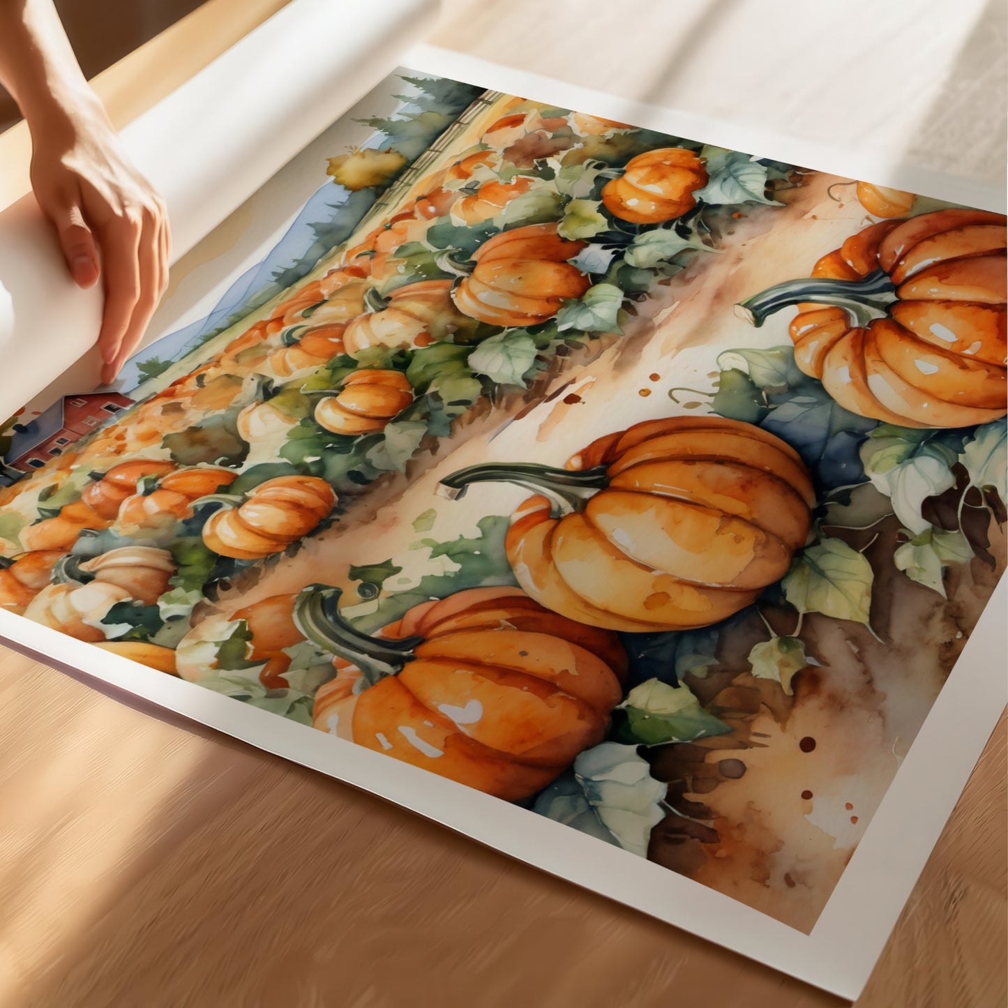 “Autumn Night” viser en stille høstnatt over gresskaråkeren, der månen lyser over gården i det fjerne. Illustrasjon viser plakat på print.