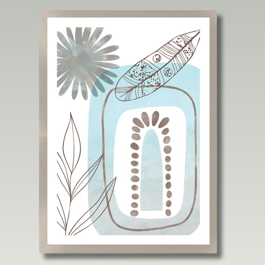 "Abstrakt Harmoni No1", et unikt kunstverk som kombinerer naturlige former og abstrakt design i delikate blåtoner og jordfarger. Illustrasjon viser motivet som plakat i lys ramme.