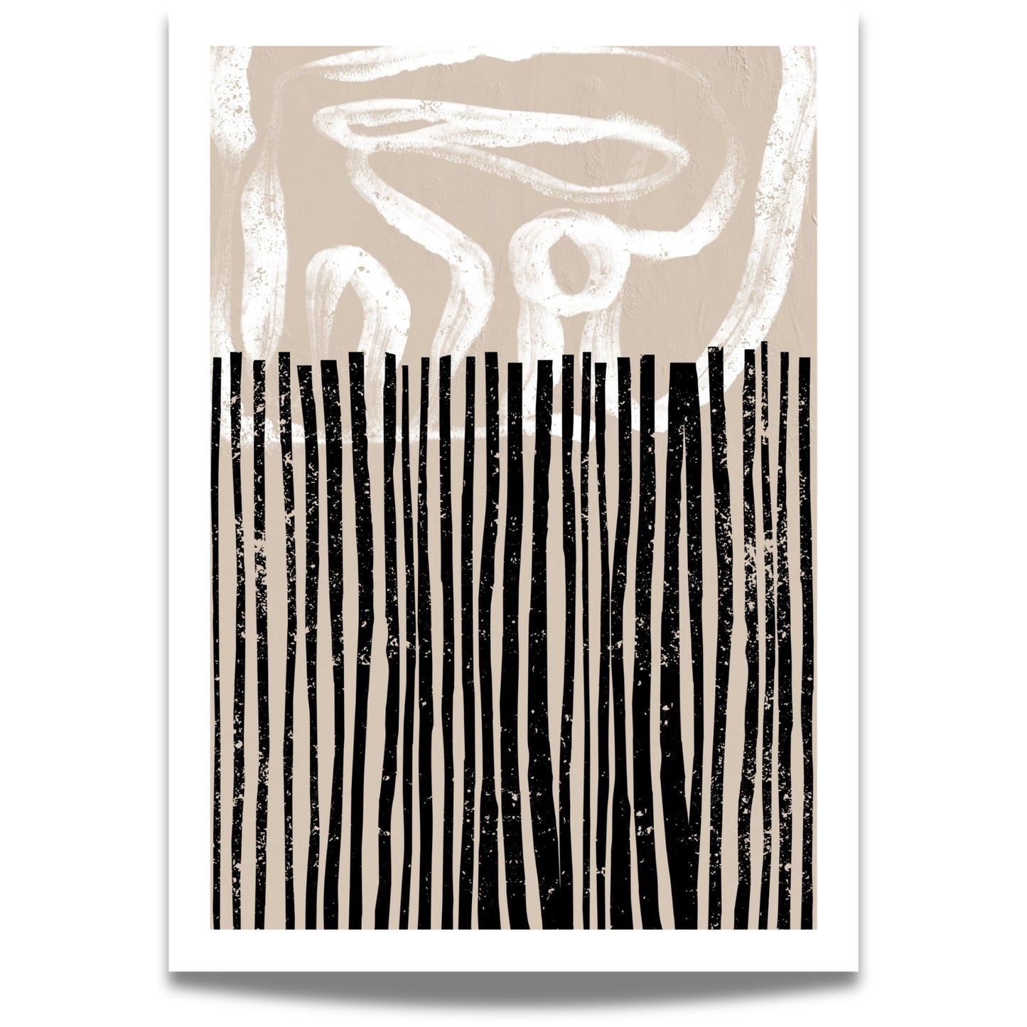 Abstract Lines – moderne kunstplakat har organiske, håndtegnede linjer og grafisk kontrast i sort, hvitt og beige.