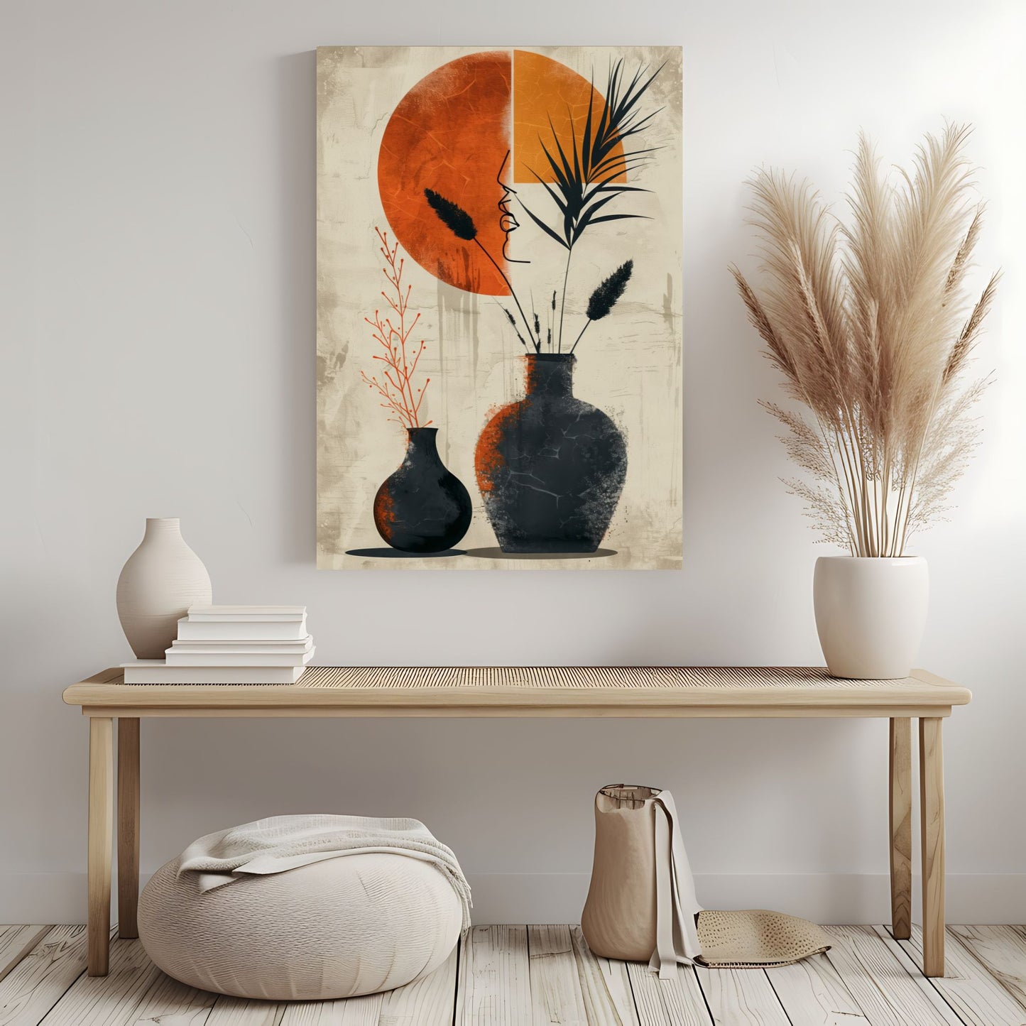 Dette unike kunstverket kombinerer stiliserte vaser med botaniske elementer i en varm og dempet fargepalett. Illustrasjonsfoto viser motivet på lerret.