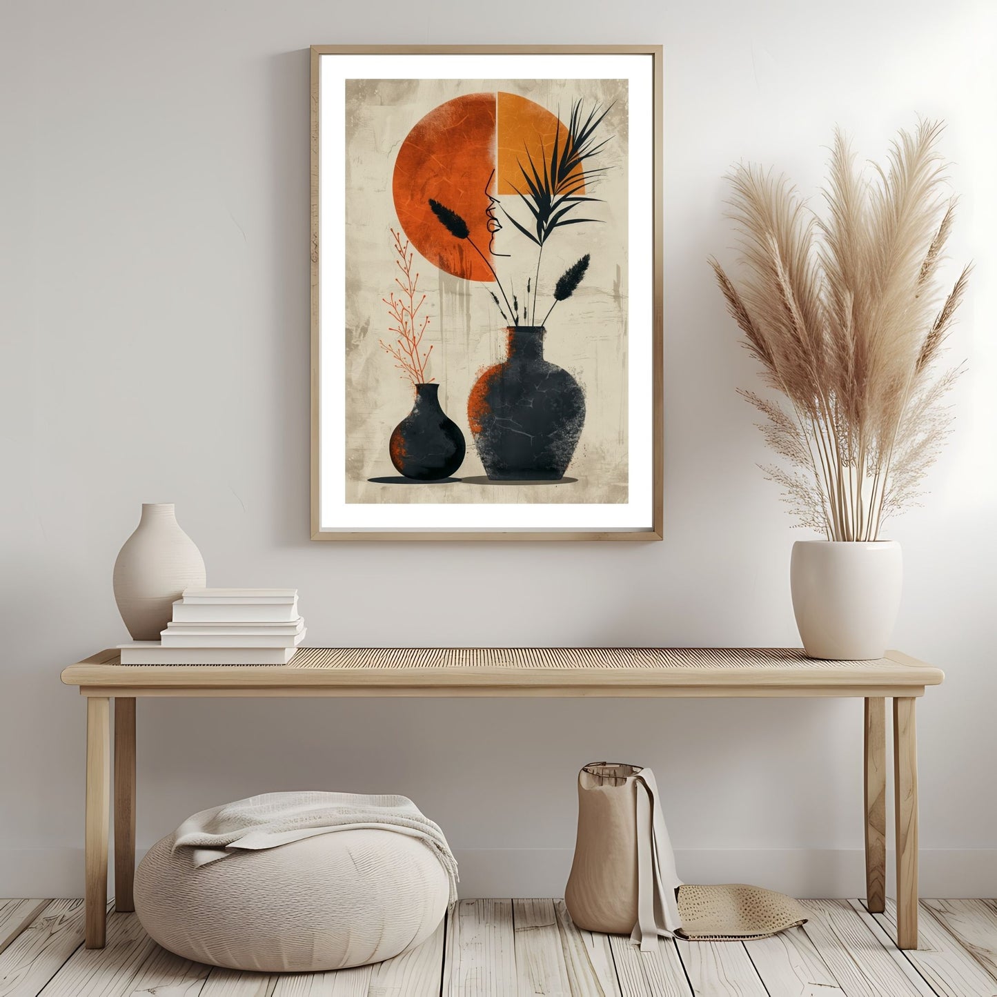 Dette unike kunstverket kombinerer stiliserte vaser med botaniske elementer i en varm og dempet fargepalett. Illustrasjonsfoto viser motivet som plakat med hvit kantlinje; i ramme.