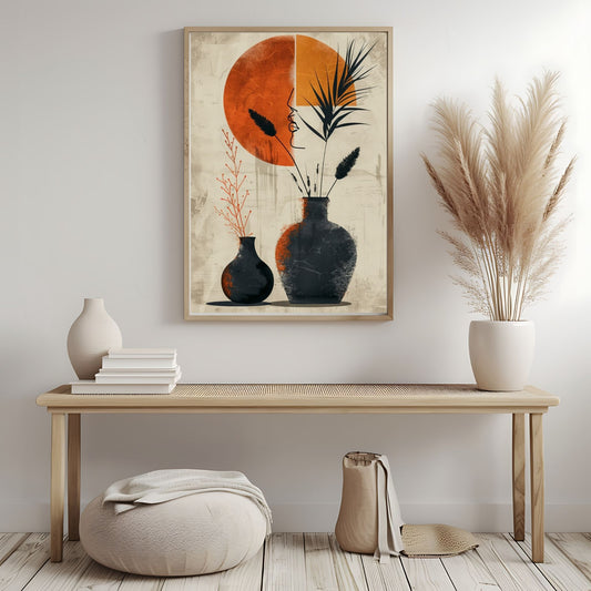Dette unike kunstverket kombinerer stiliserte vaser med botaniske elementer i en varm og dempet fargepalett. Illustrasjonsfoto viser motivet som plakat uten hvit kantlinje; i ramme.