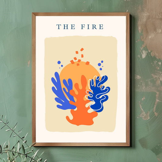 Med abstrakte, flytende former i klare blå og oransje farger, skaper denne Matisse-inspirerte plakaten et lekent og samtidig sofistikert uttrykk. Illustrasjonsfot viser plakat i lys ramme.