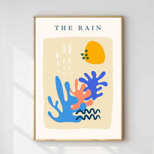 Inspirert av den ikoniske stilen til Henri Matisse, kombinerer denne plakaten lekne former og dristige farger for å skildre regn og elementer fra naturen. Illustrasjonsfoto viser plakaten i lys ramme.