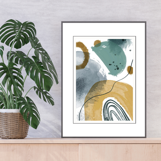 Grafisk kunst med abstrakt mønster. Fargenyanser i sort, hvit, blå, oker og grønn..