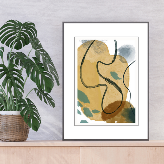 Grafisk kunst med abstrakt mønster. Fargenyanser i sort, hvit, blå, oker og grønn..