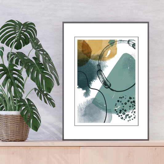 Grafisk kunst med abstrakt mønster. Fargenyanser i sort, hvit, blå, oker og grønn..