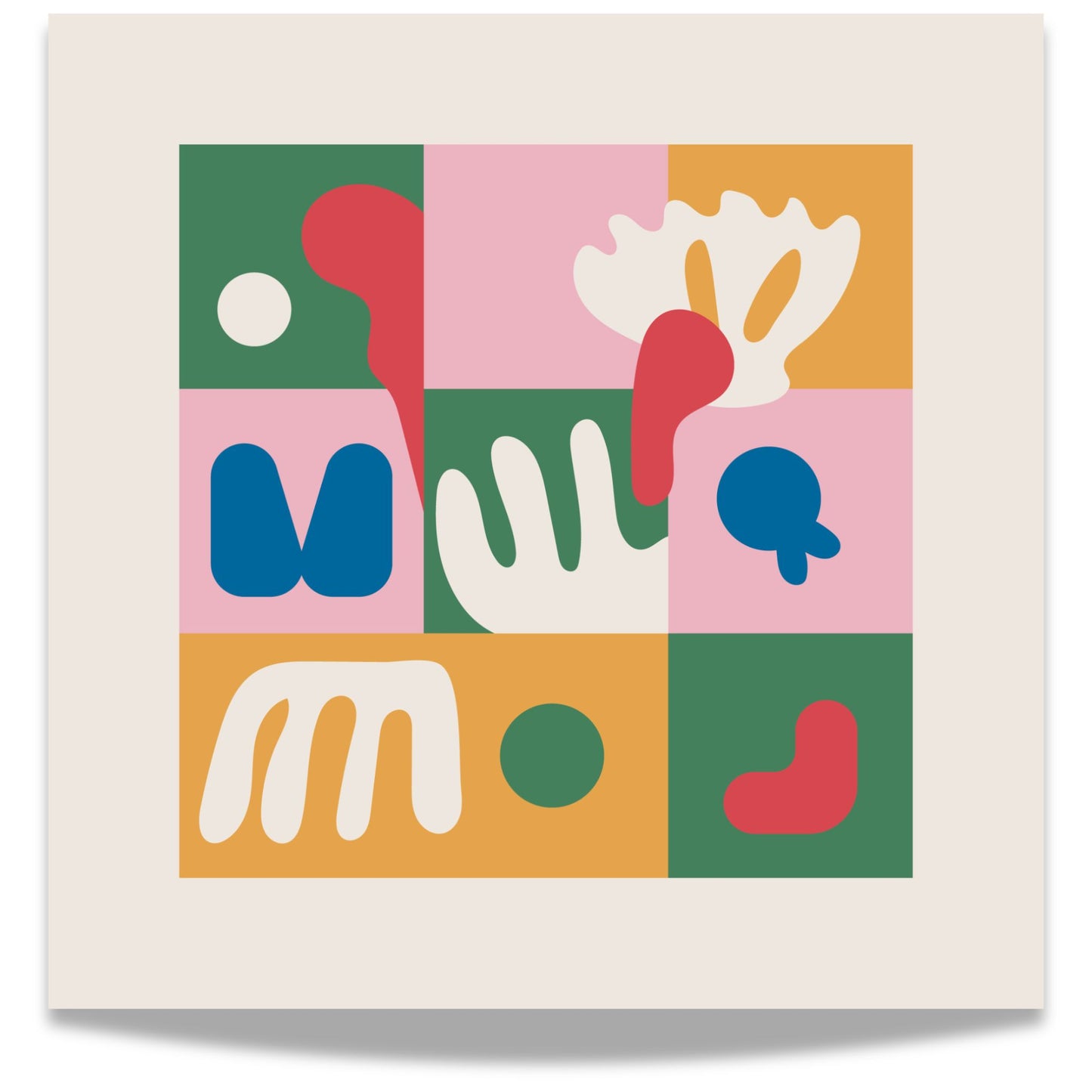 Dette moderne kunstverket er en hyllest til Henri Matisse og hans karakteristiske form og fargelek. Plakaten er perfekt for kunstelskere som ønsker et unikt og fargerikt uttrykk på veggen.