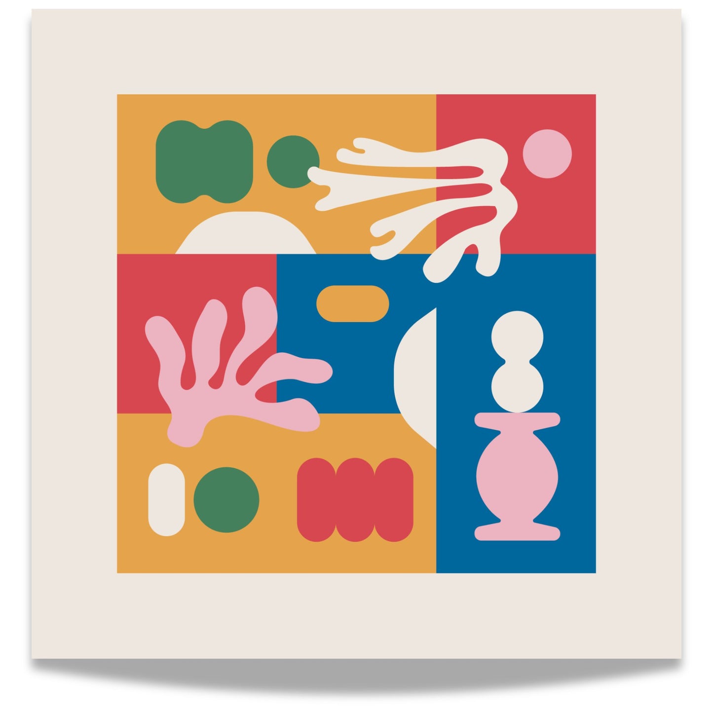 Dette moderne kunstverket er en hyllest til Henri Matisse og hans karakteristiske form og fargelek. Plakaten er perfekt for kunstelskere som ønsker et unikt og fargerikt uttrykk på veggen.