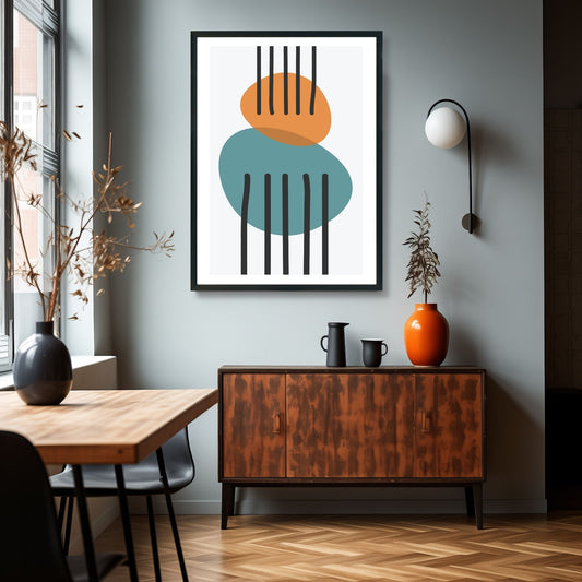 Grafisk motiv som viser et unikt og dynamisk arrangement av geometriske former og linjer, som skaper et visuelt slående bilde som vil fange oppmerksomheten til enhver besøkende. Illustrasjonsbilde som viser plakat i ramme på en vegg over et skap.