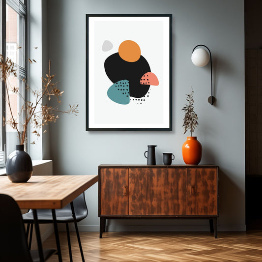 Grafisk motiv som viser et unikt og dynamisk arrangement av geometriske former og linjer, som skaper et visuelt slående bilde som vil fange oppmerksomheten til enhver besøkende. Illustrasjonsbilde som viser plakat i ramme på en vegg over et skap.