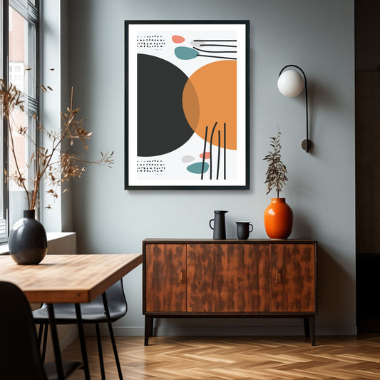 Grafisk motiv som viser et unikt og dynamisk arrangement av geometriske former og linjer, som skaper et visuelt slående bilde som vil fange oppmerksomheten til enhver besøkende. Illustrasjonsbilde som viser plakat i ramme på en vegg over et skap.