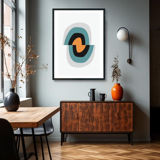 Grafisk motiv som viser et unikt og dynamisk arrangement av geometriske former og linjer, som skaper et visuelt slående bilde som vil fange oppmerksomheten til enhver besøkende. Illustrasjonsbilde som viser plakat i ramme på en vegg over et skap.