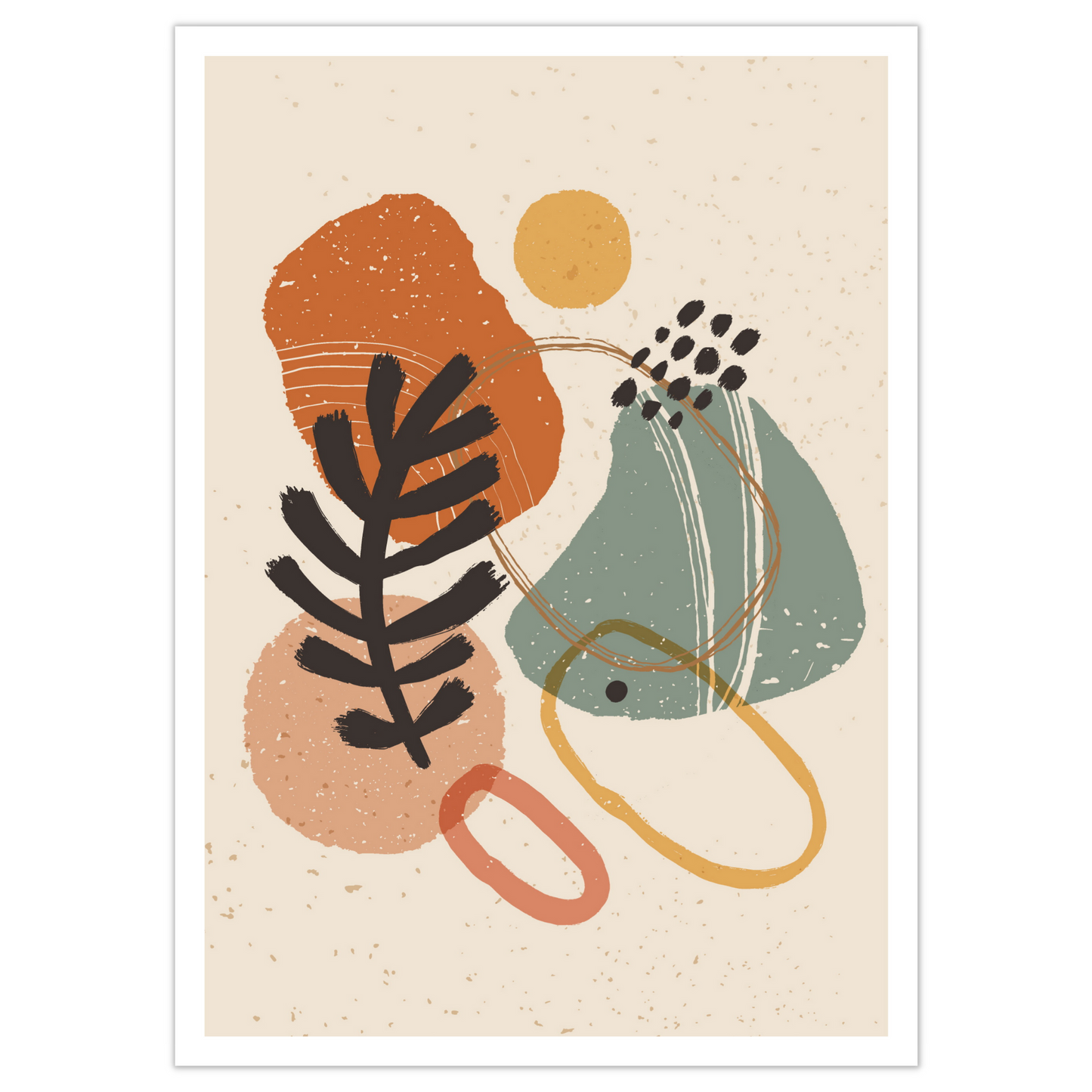 Abstrakte grafiske former i fargenyanser beige, rust, gul og grønn.