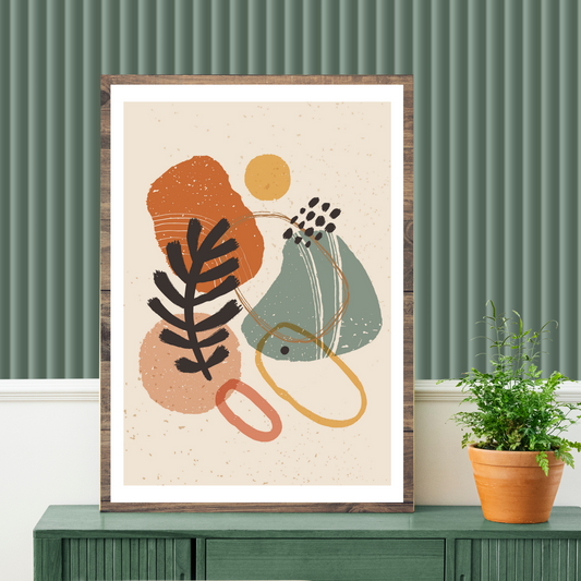 Abstrakte grafiske former i fargenyanser beige, rust, gul og grønn.