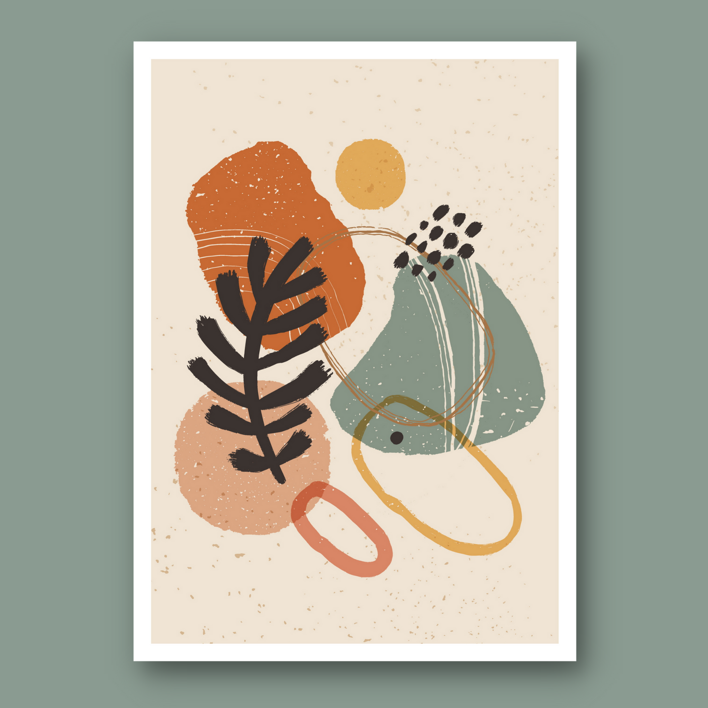 Abstrakte grafiske former i fargenyanser beige, rust, gul og grønn.