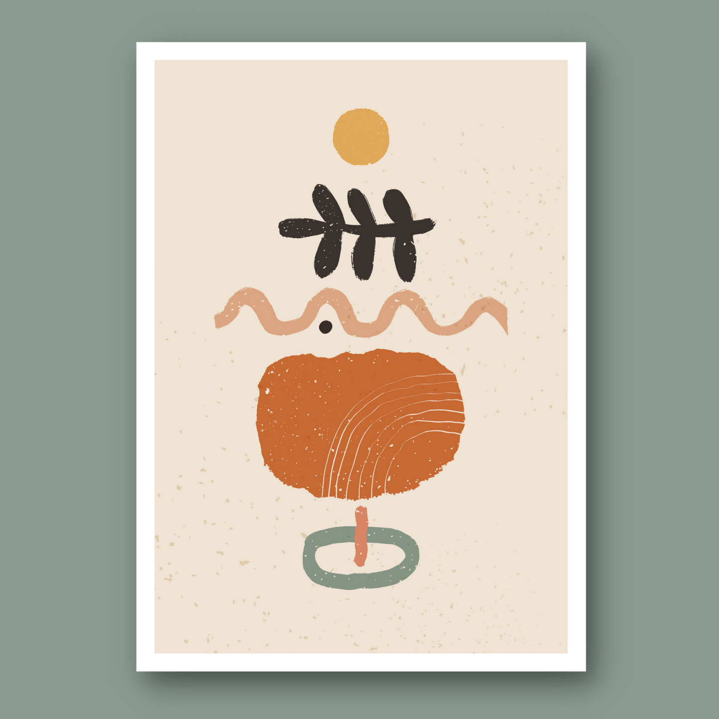 Abstrakte grafiske former i fargenyanser beige, rust, gul og grønn.