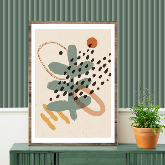 Abstrakte grafiske former i fargenyanser beige, rust, gul og grønn.