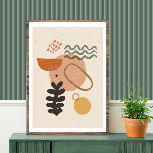 Abstrakte grafiske former i fargenyanser beige, rust, gul og grønn.