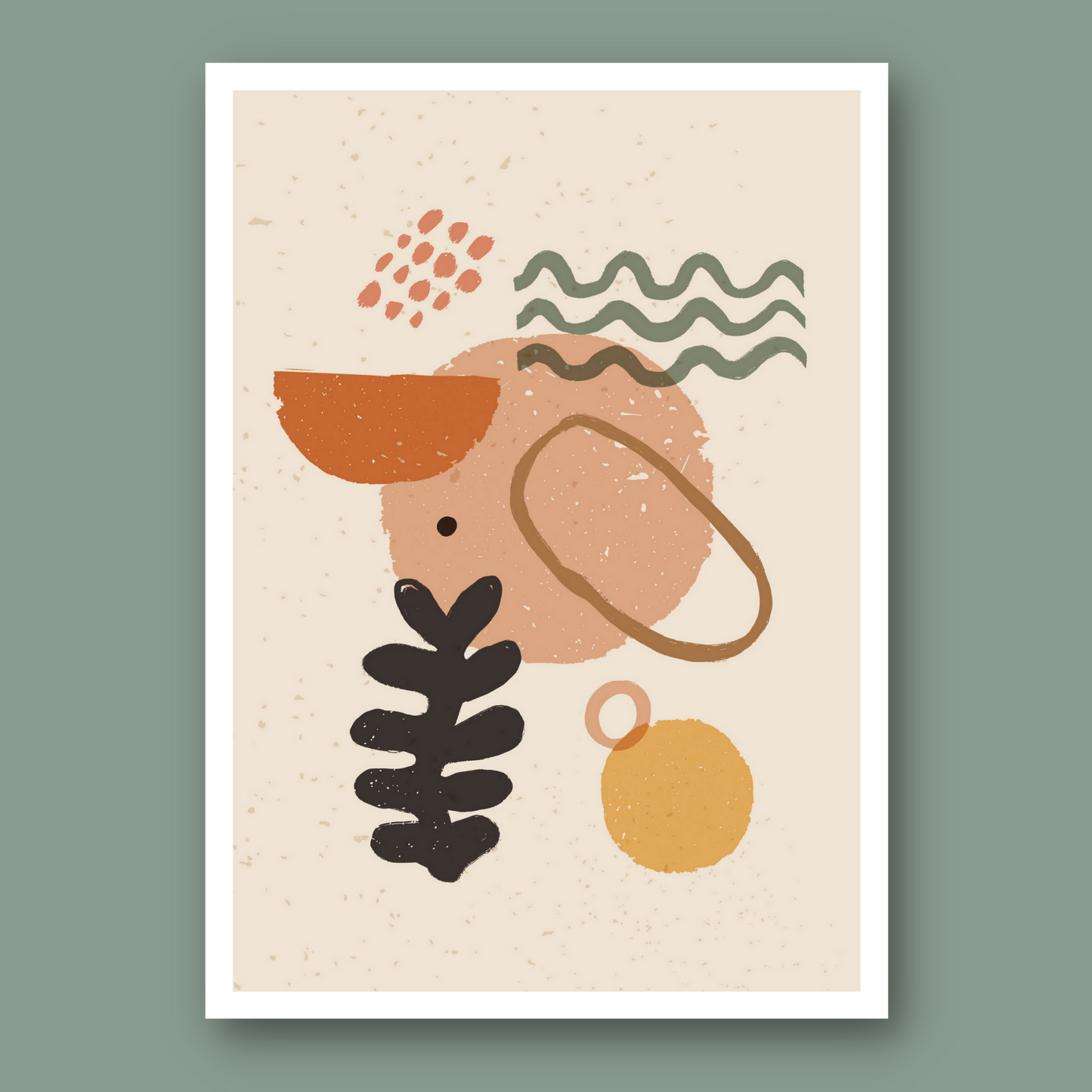 Abstrakte grafiske former i fargenyanser beige, rust, gul og grønn.