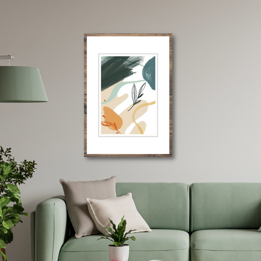 Grafisk kunst med abstrakt mønster. Fargenyanser i sort, hvit, blå, oker og grønn.