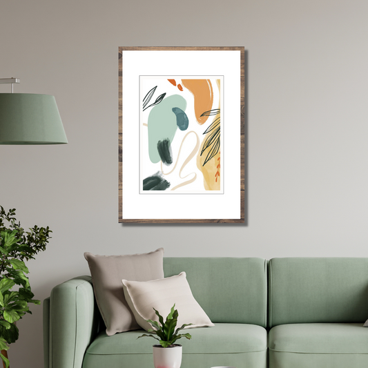 Grafisk kunst med abstrakt mønster. Fargenyanser i sort, hvit, blå, oker og grønn.