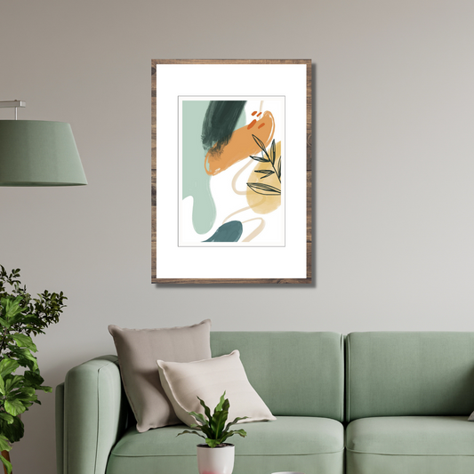 Grafisk kunst med abstrakt mønster. Fargenyanser i sort, hvit, blå, oker og grønn.