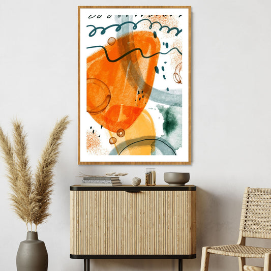 Grafisk kunst med abstrakt mønster. Fargenyanser i oransje og grønn på hvit bunn.