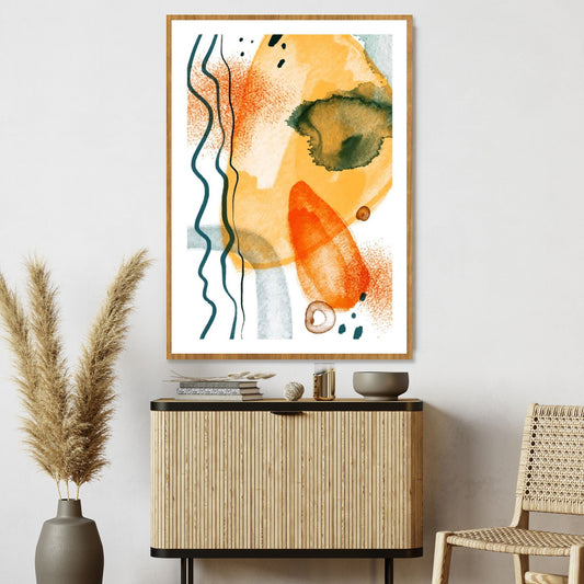 Grafisk kunst med abstrakt mønster. Fargenyanser i oransje og grønn på hvit bunn.