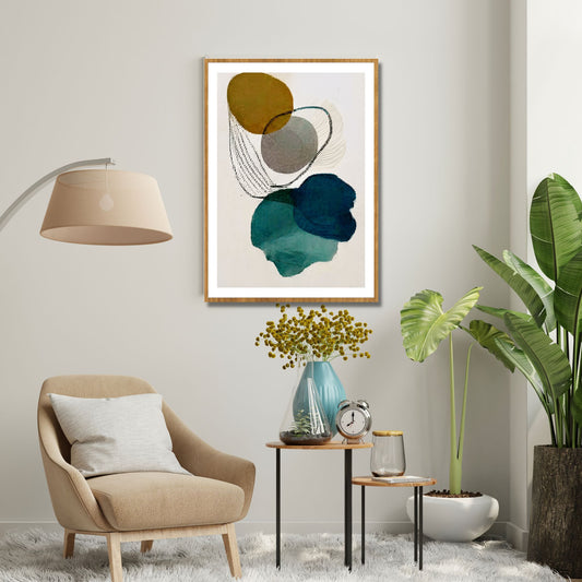 Grafisk kunst med abstrakt mønster. Fargenyanser i svart, blå, grønn, brun og grå.