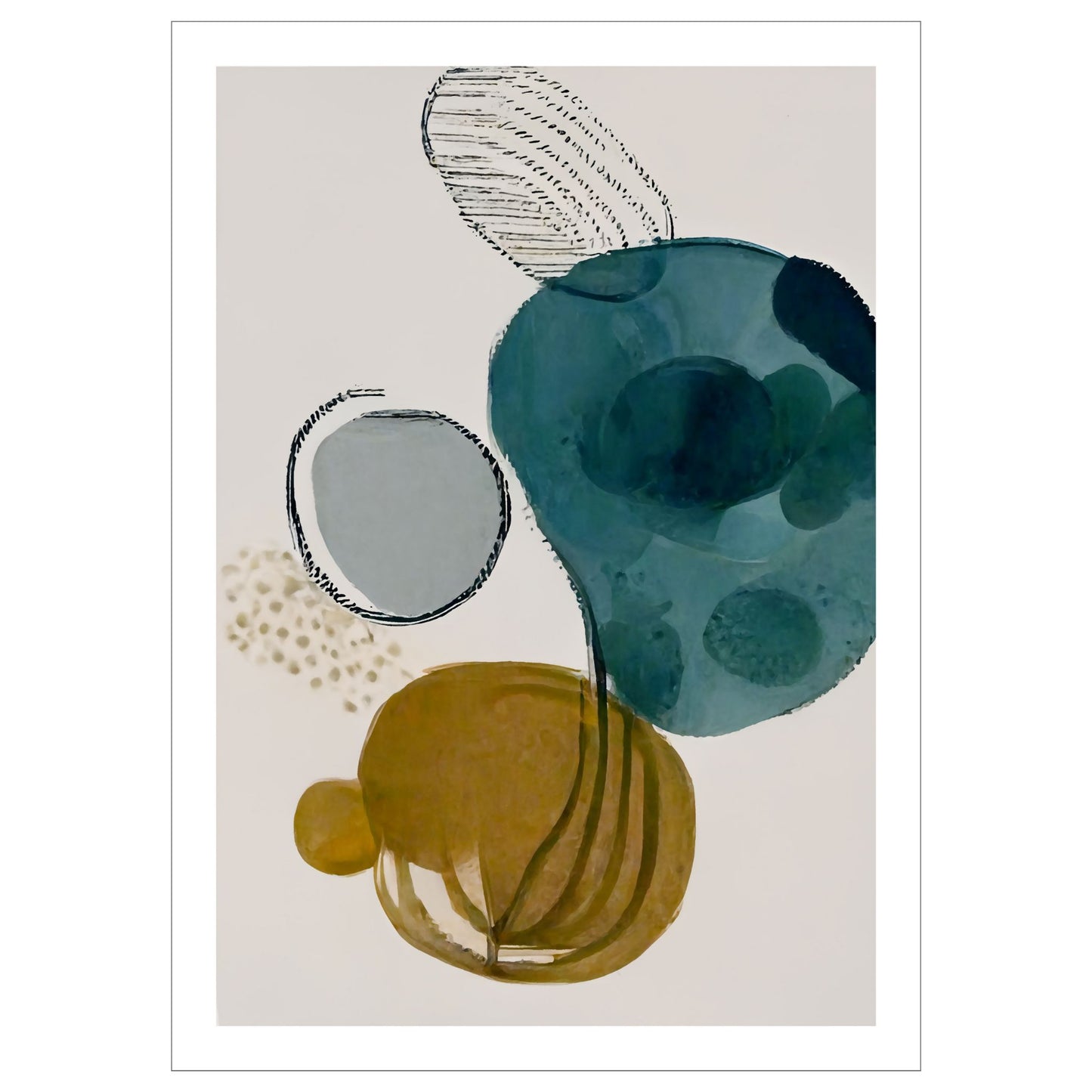 Grafisk kunst med abstrakt mønster. Fargenyanser i svart, blå, grønn, brun og grå.