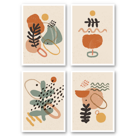 Serie bestående av 4 dekorative grafiske motiver i fargenyanser beige, rust, gul og grønn.