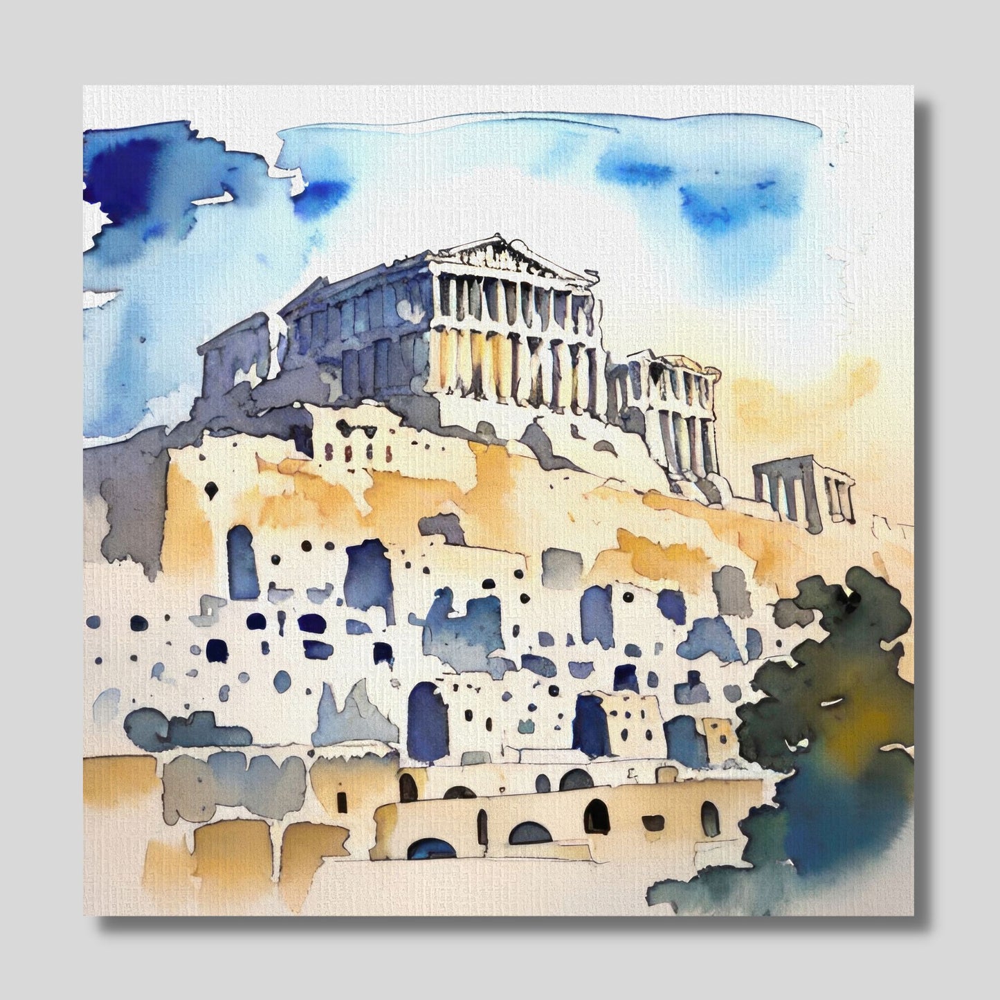 Kvadratisk akvarell i grafisk trykk av Akropolis. Motivet er i duse vannfarger i blått, hvitt, beige og mørk grå. På bildet henger motive på lerret på en lys vegg.