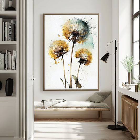 Dette kunstverket fanger den enkle skjønnheten til løvetann gjennom en drømmende akvarellstil med delikate detaljer og varme gule og grønne toner. Illustrasjon viser motivet som plakat i mørk eik ramme.