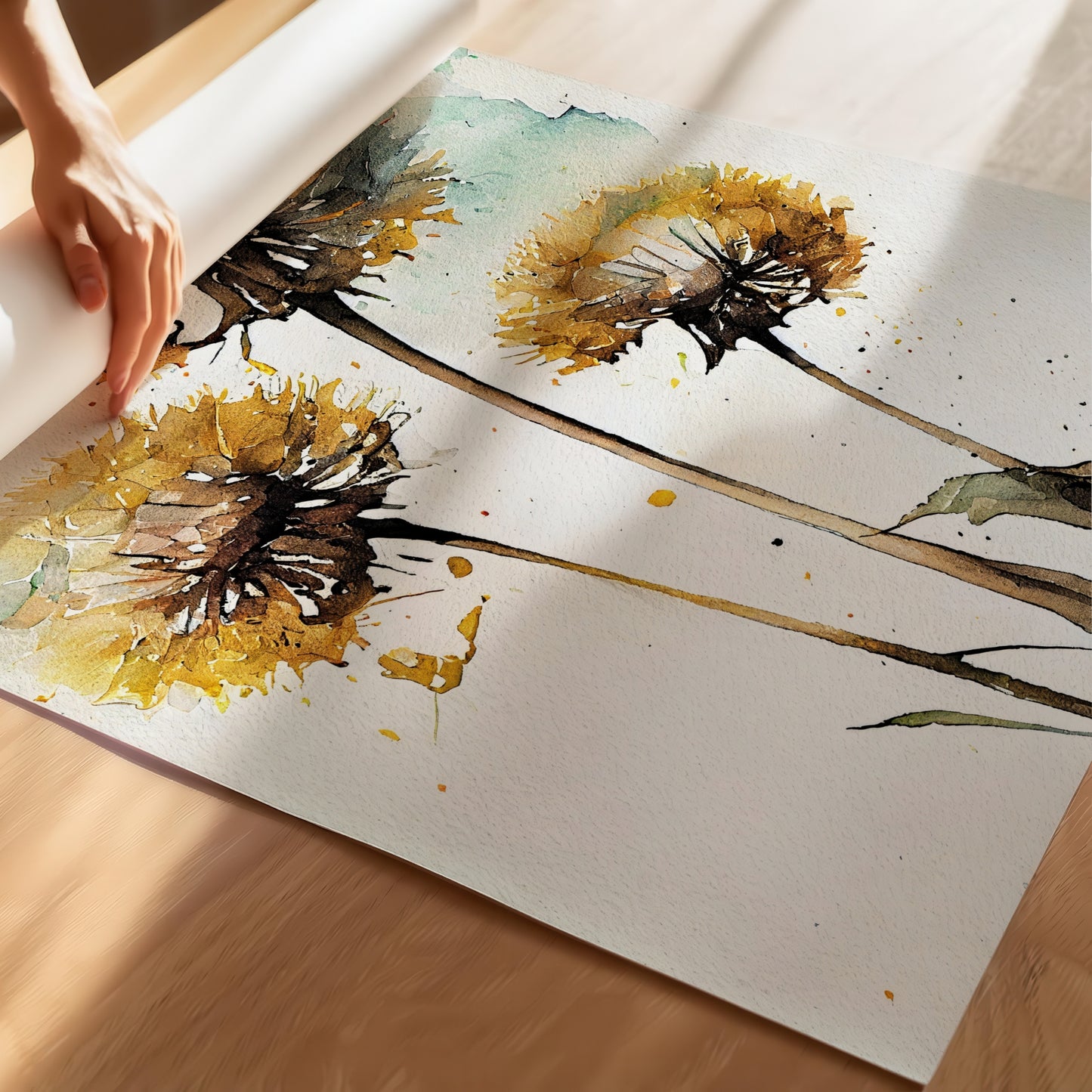 Dette kunstverket fanger den enkle skjønnheten til løvetann gjennom en drømmende akvarellstil med delikate detaljer og varme gule og grønne toner. Illustrasjon viser plakat.