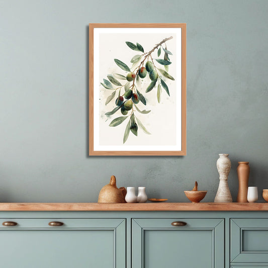 Akvarell Olivengren, et vakkert kunstverk som fremhever en olivengren med modne oliven, malt i en delikat akvarellstil. illustrasjon viser plakat med hvit kant i lys ramme.
