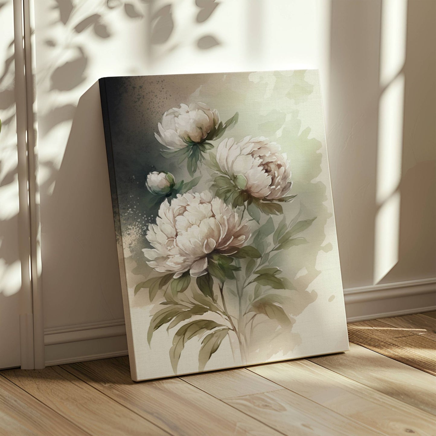 Dette blomstrende kunstverket fanger peonens frodighet og eleganse i et uttrykksfullt fargespill, med kontraster mellom mørk og lys bakgrunn. Illustrasjon viser motivet på lerret.