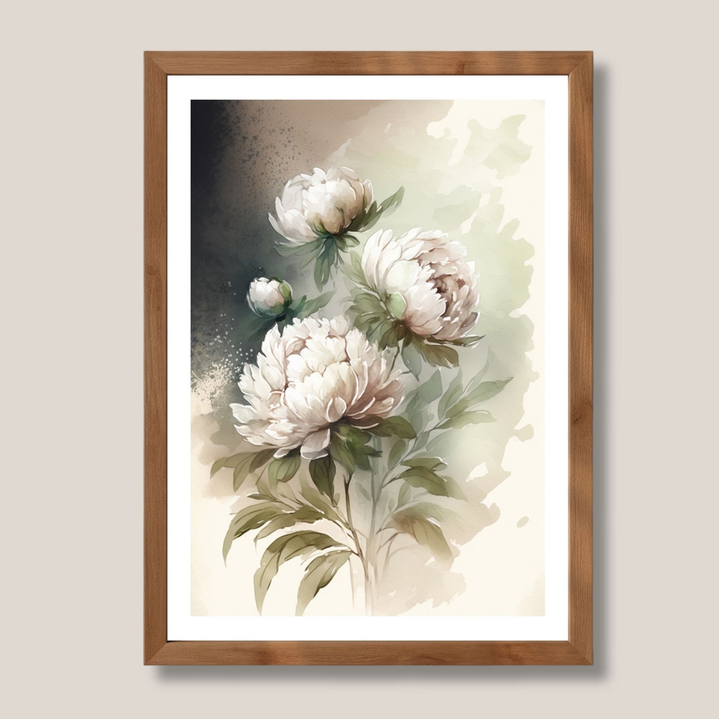 Dette blomstrende kunstverket fanger peonens frodighet og eleganse i et uttrykksfullt fargespill, med kontraster mellom mørk og lys bakgrunn. Illustrasjon viser motivet som plakat med hvit kantlinje i eik ramme.