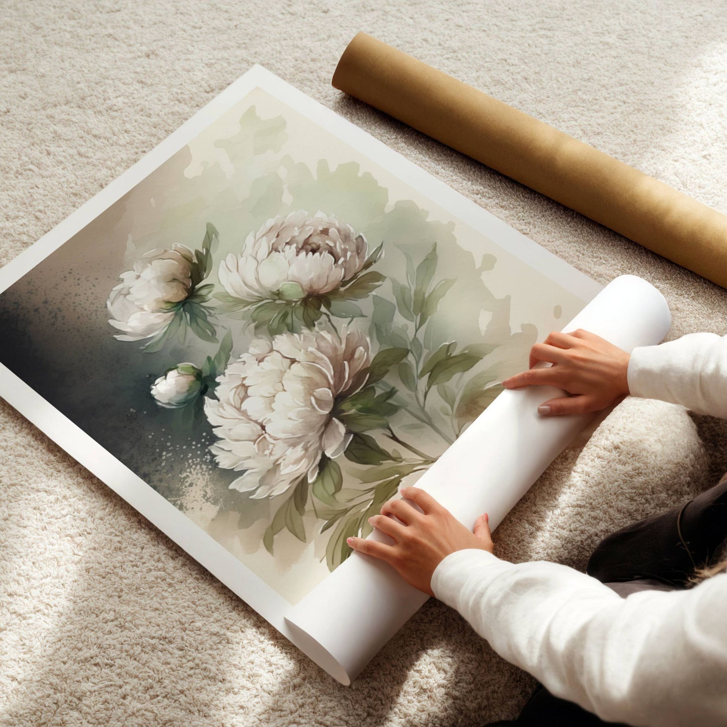 Dette blomstrende kunstverket fanger peonens frodighet og eleganse i et uttrykksfullt fargespill, med kontraster mellom mørk og lys bakgrunn. Illustrasjon viser motivet som plakat med hvit kantlinje.
