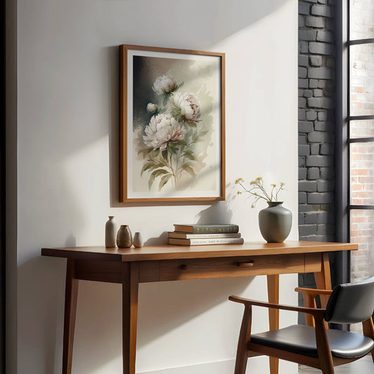 Dette blomstrende kunstverket fanger peonens frodighet og eleganse i et uttrykksfullt fargespill, med kontraster mellom mørk og lys bakgrunn. Illustrasjon viser motivet som plakat med hvit kantlinje i eik ramme.