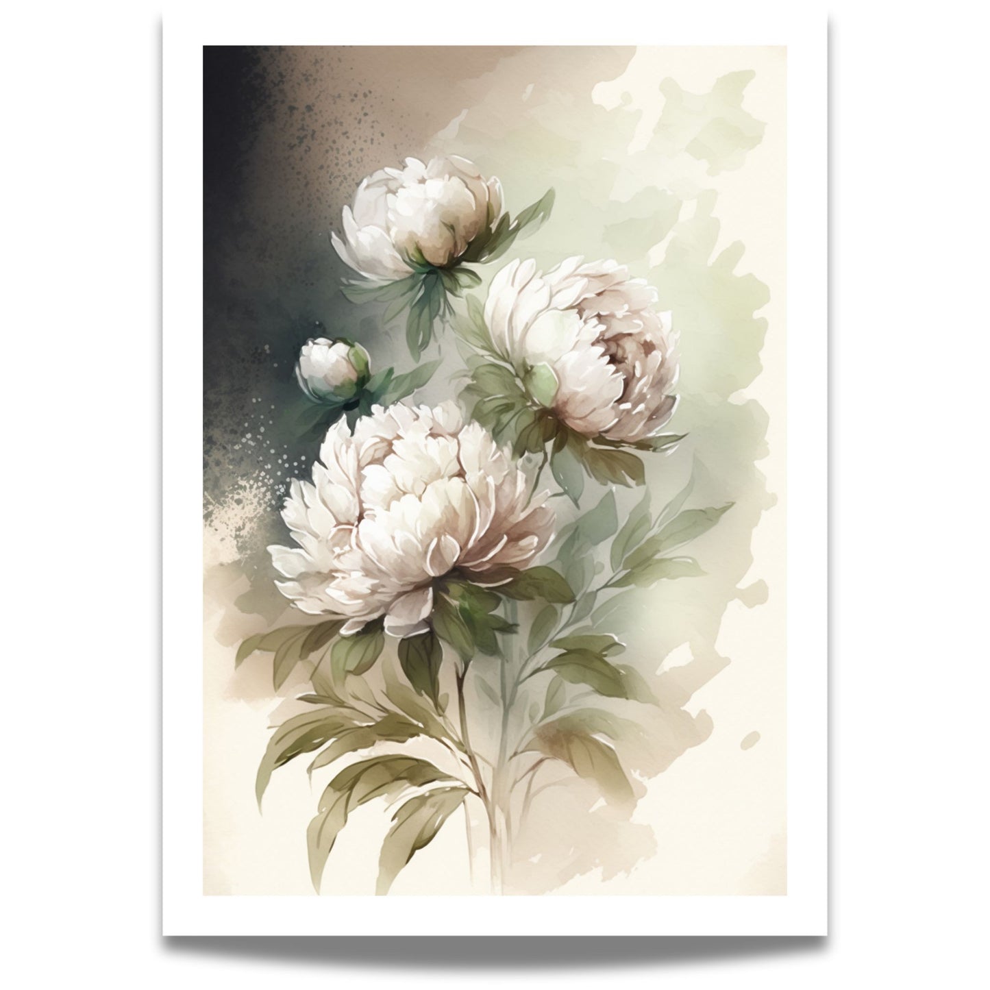 Dette blomstrende kunstverket fanger peonens frodighet og eleganse i et uttrykksfullt fargespill, med kontraster mellom mørk og lys bakgrunn.