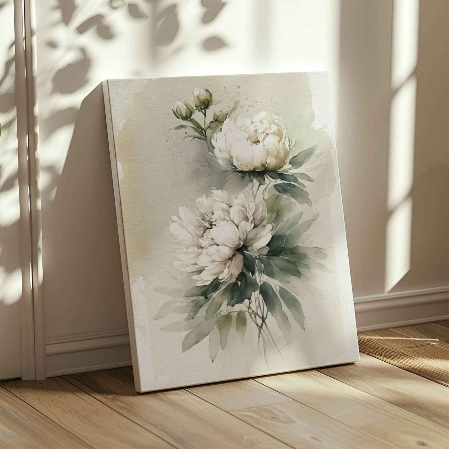 Akvarell Peonprakt No3 er et sart og detaljrikt blomsterbilde som kombinerer klassisk botanikk med moderne akvarellteknikk. Illustrasjon viser motivet på lerret.