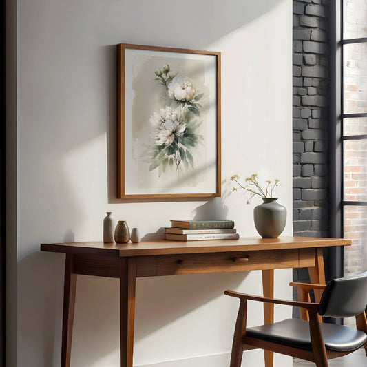 Akvarell Peonprakt No3 er et sart og detaljrikt blomsterbilde som kombinerer klassisk botanikk med moderne akvarellteknikk. Illustrasjon viser motivet som plakat med hvit kantlinje i eik ramme.