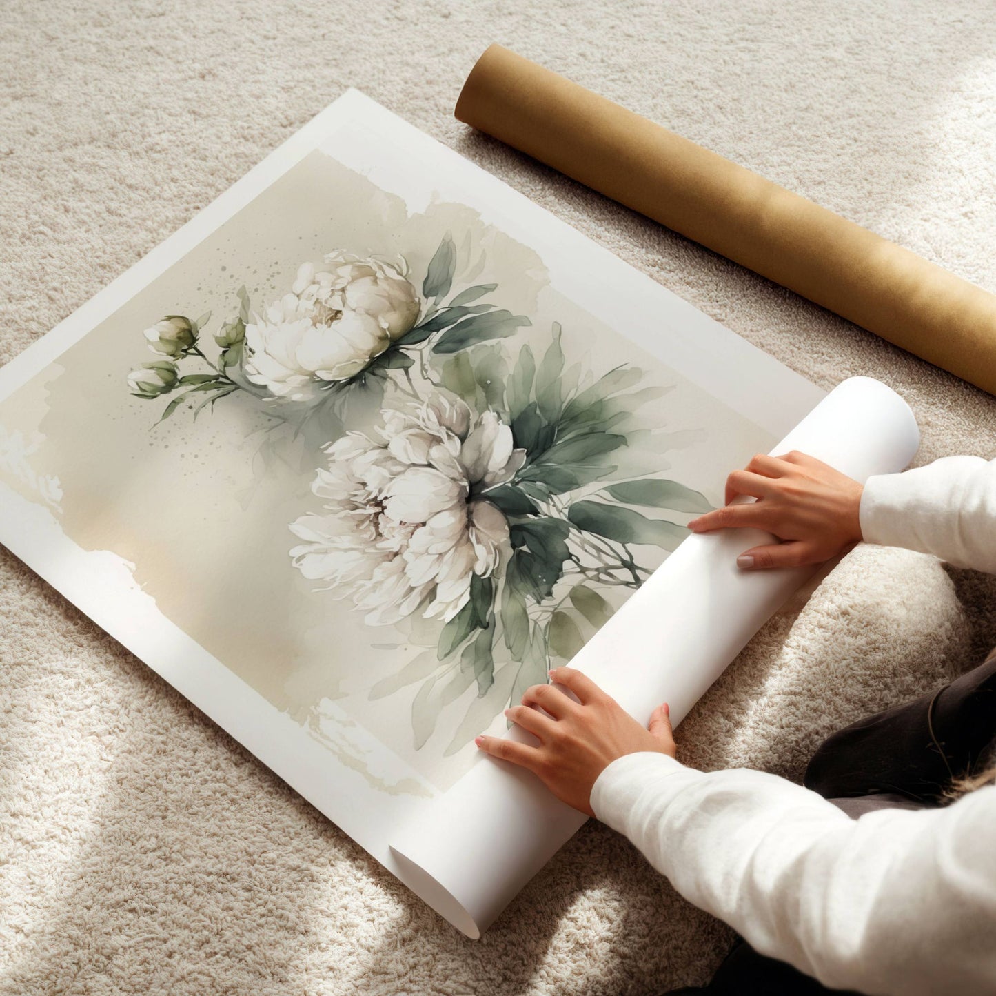 Akvarell Peonprakt No3 er et sart og detaljrikt blomsterbilde som kombinerer klassisk botanikk med moderne akvarellteknikk. Illustrasjon viser motivet som plakat med hvit kantlinje.