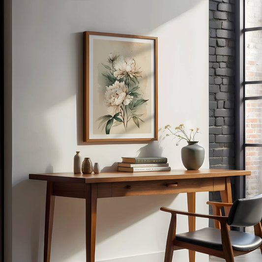 Akvarell Peonprakt No4 bringer naturens ynde inn i hjemmet med tre blomstrende peoner i perfekt balanse. illustrasjon viser motivet som plakat med hvit kantlinje i eik ramme.