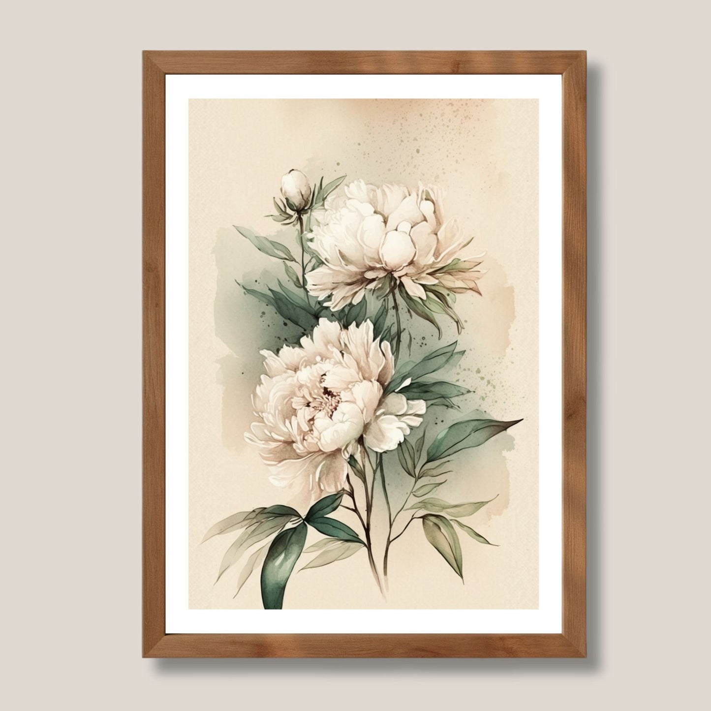 Akvarell Peonprakt No4 bringer naturens ynde inn i hjemmet med tre blomstrende peoner i perfekt balanse. illustrasjon viser motivet som plakat med hvit kantlinje i eik ramme.
