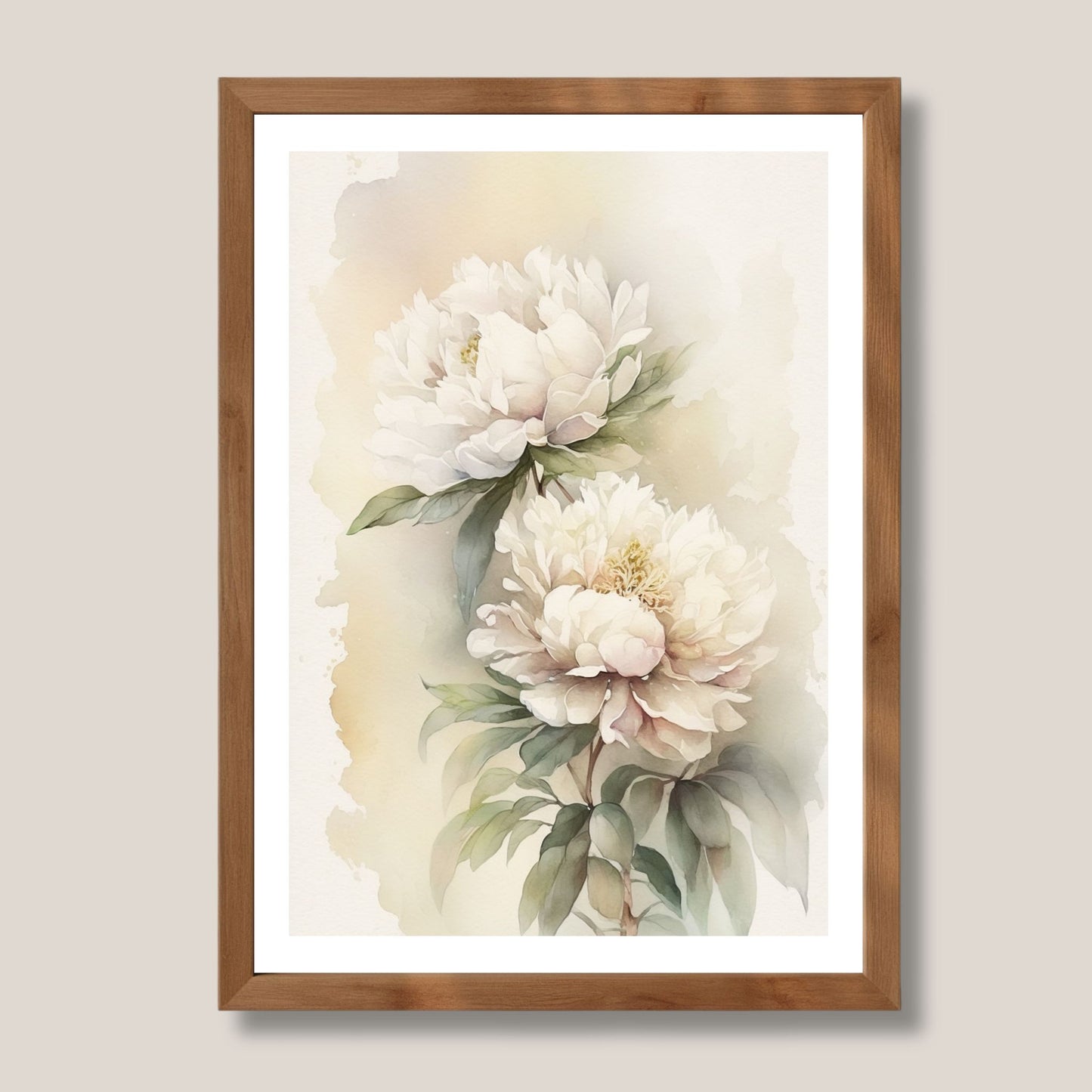 Akvarell Peonprakt No.1 er en elegant blomsterplakat med myke penselstrøk og delikate nyanser. Illustrasjon viser motivet som plakat med hvit kantlinje i eik ramme.