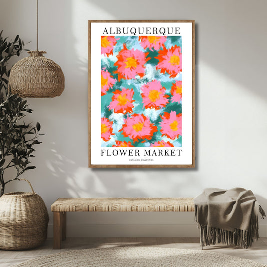 Dette fargerike kunstverket er inspirert av den solfylte sjarmen i Albuquerque og viser håndmalte blomster i en energisk kombinasjon av rosa, oransje og gule nyanser. Illustrasjon viser pakat i eik ramme.